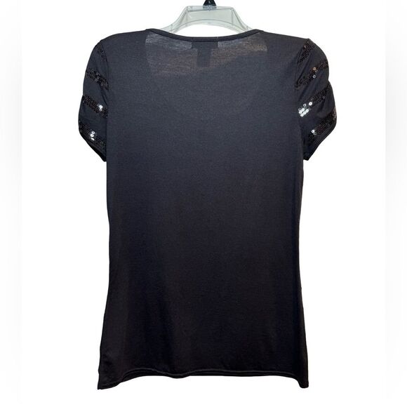 NWOT Candie's Black Sequin Striped Short Sleeve Top. Sparkle & Chic!  Large - Picture 2 of 6